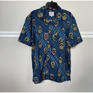 One Resolution Mens‎ Shirt XL Blue Button-Up Skull Print Short Sleeve